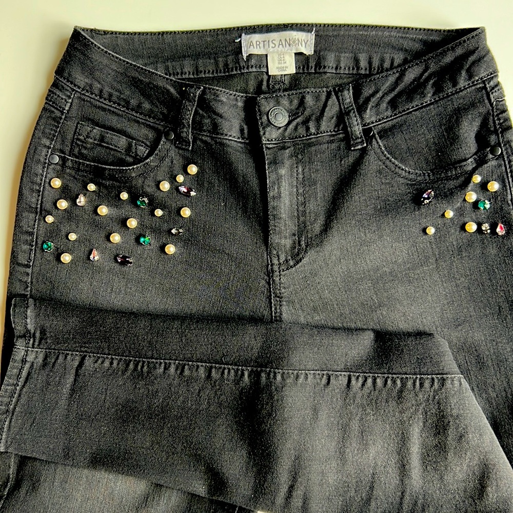 Artisan NY jeans stretch jewel crystal embelishments front pockets